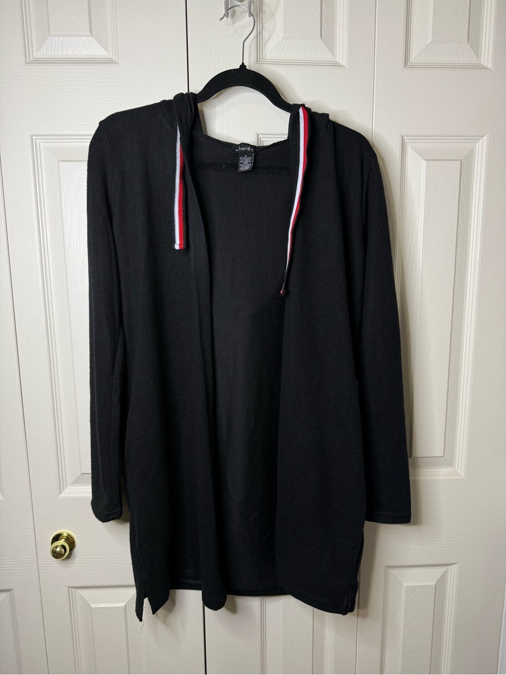 Women’s Black Hooded Open Cardigan Sweater with Contrast Drawstrings